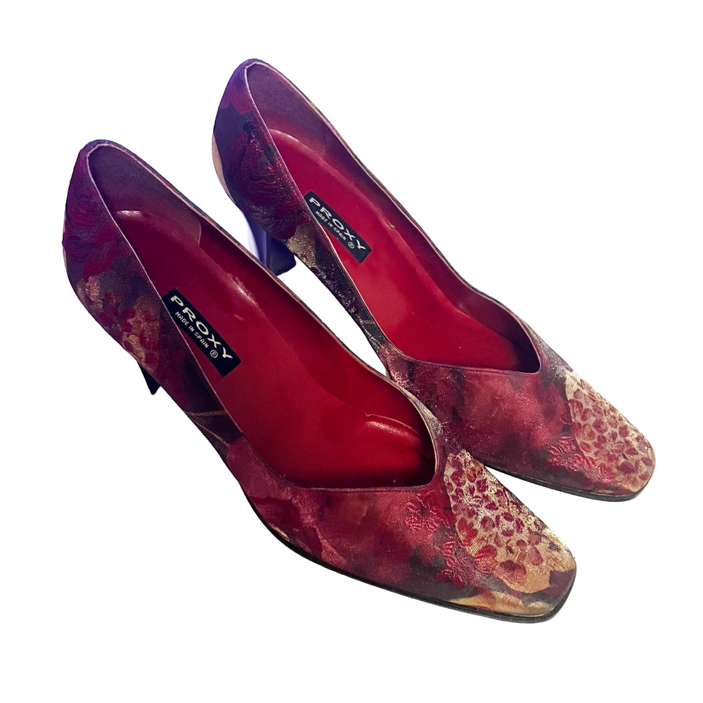 Vintage Proxy Floral Tapestry Pumps Size 10 Leather Spain Square Toe Rare Heels